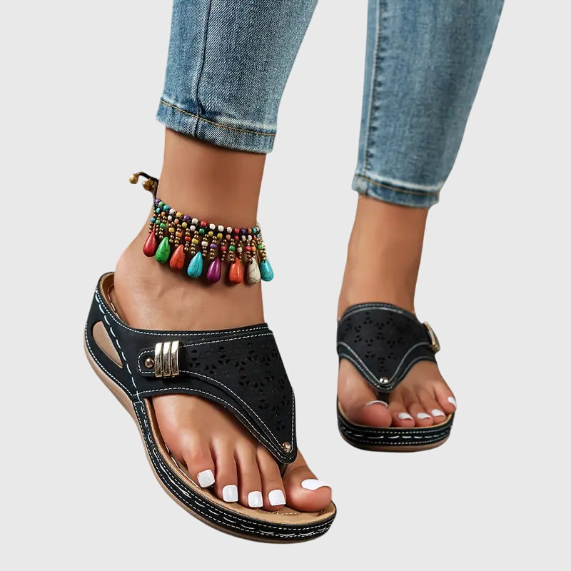 Cleo | Women's Wedge Toe Loop Sandals with Laser Cut Detail
