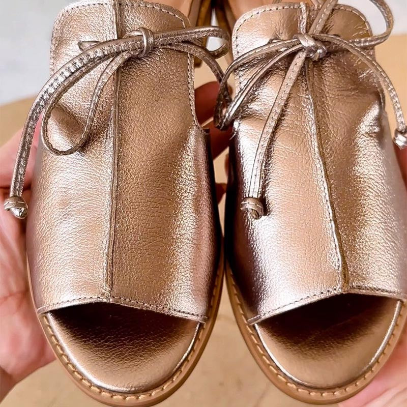Stella | Women's Metallic Open Toe Sandals Bow Tie Strap Flat
