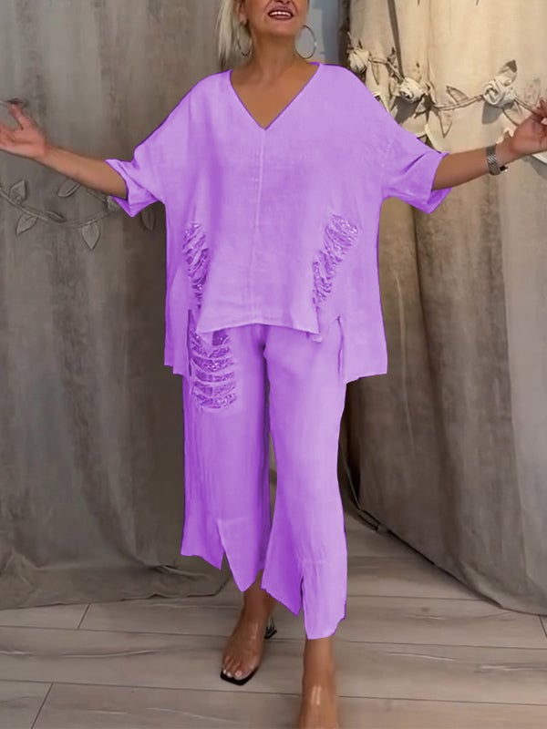 Pearl | Women's Casual 2 Piece Set V-Neck Top and Cropped Pants