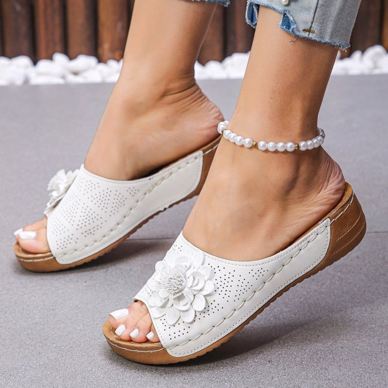 Flora | Women's Flower Wedge Sandals Slip On Open Toe Slides