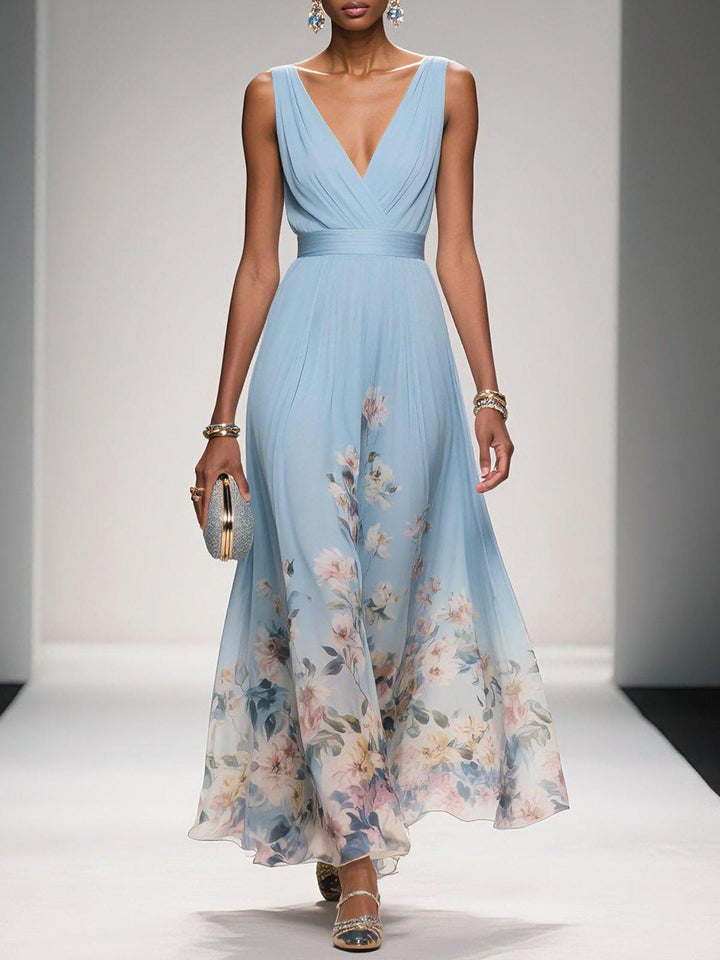 Nevaeh™ | Light Blue Floral Chiffon Maxi Dress