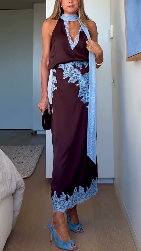 Jade™ | Elegant Brown and Blue Lace Panel Top + Skirt Set