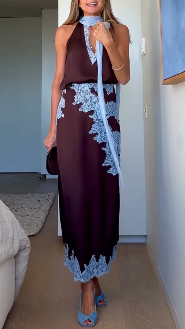 Jade™ | Elegant Brown and Blue Lace Panel Top + Skirt Set