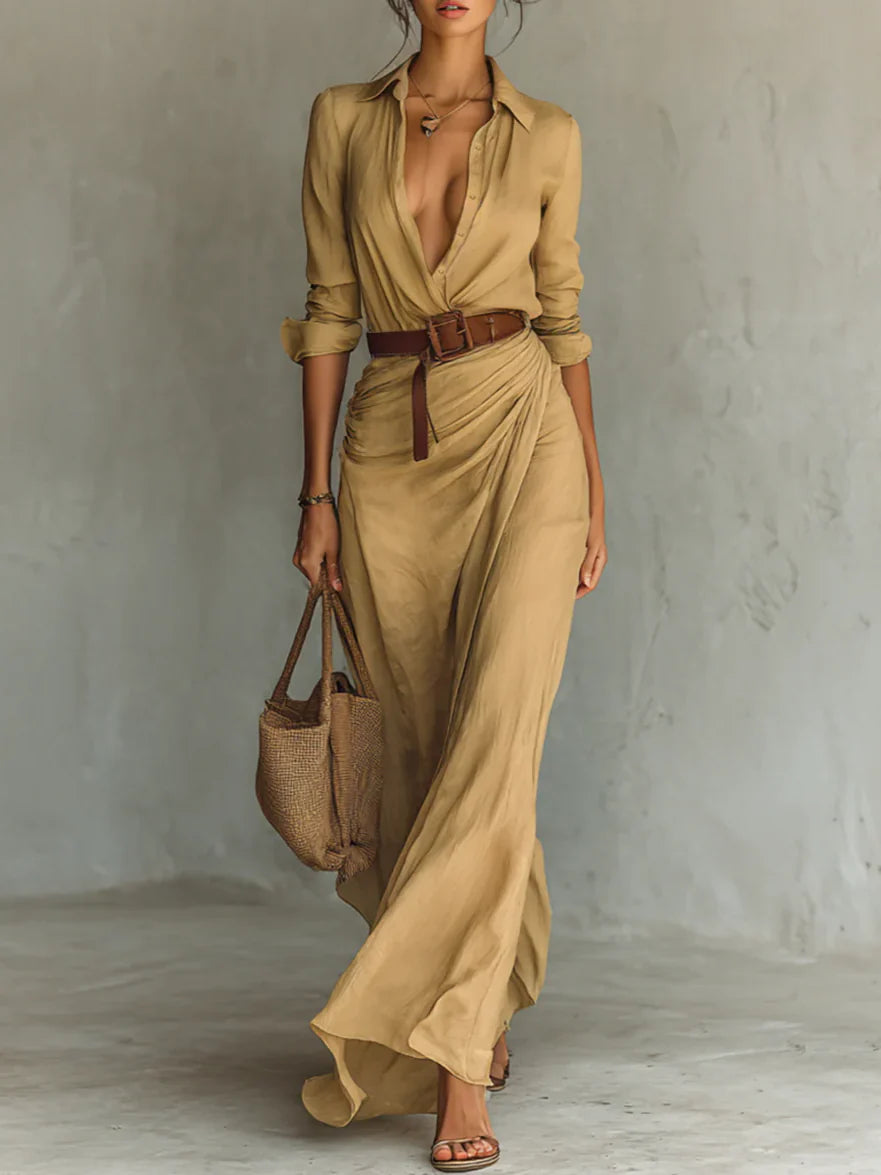 Lydia™ | Lapel Long Sleeve Belted Maxi Dress
