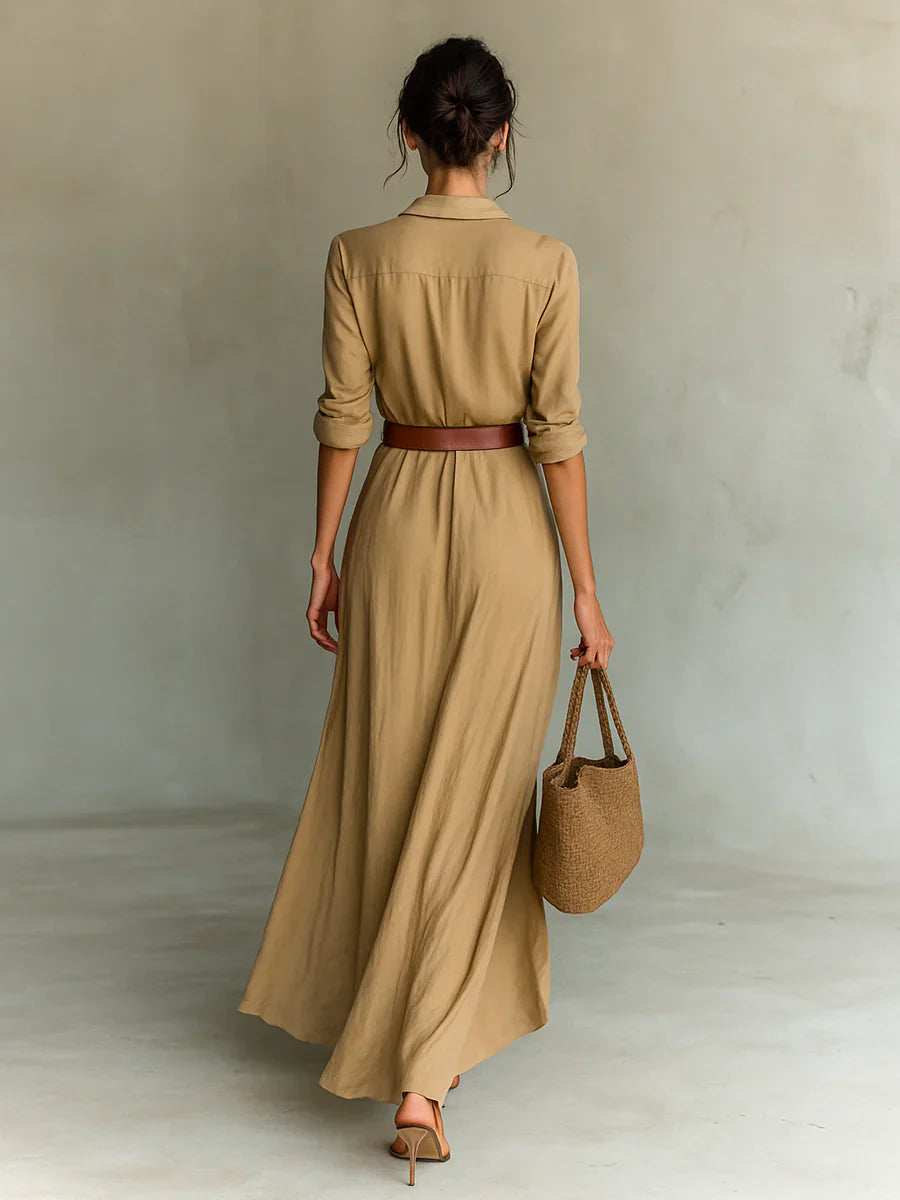 Lydia™ | Lapel Long Sleeve Belted Maxi Dress