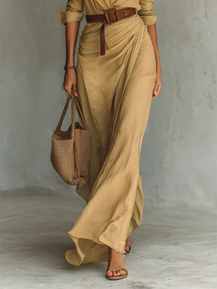 Lydia™ | Lapel Long Sleeve Belted Maxi Dress
