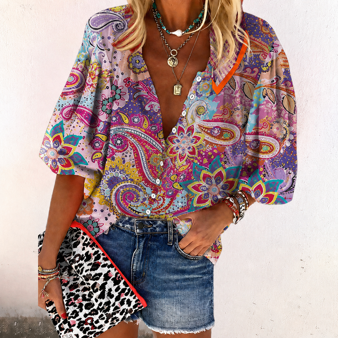 Zara | Women's Boho Print Blouse V-Neck Long Sleeve Button Down