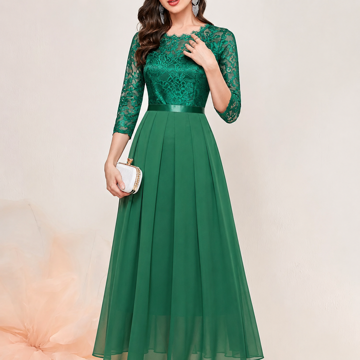 Gail™ | Lace Pleated Quarter Sleeve Formal Evening Dress