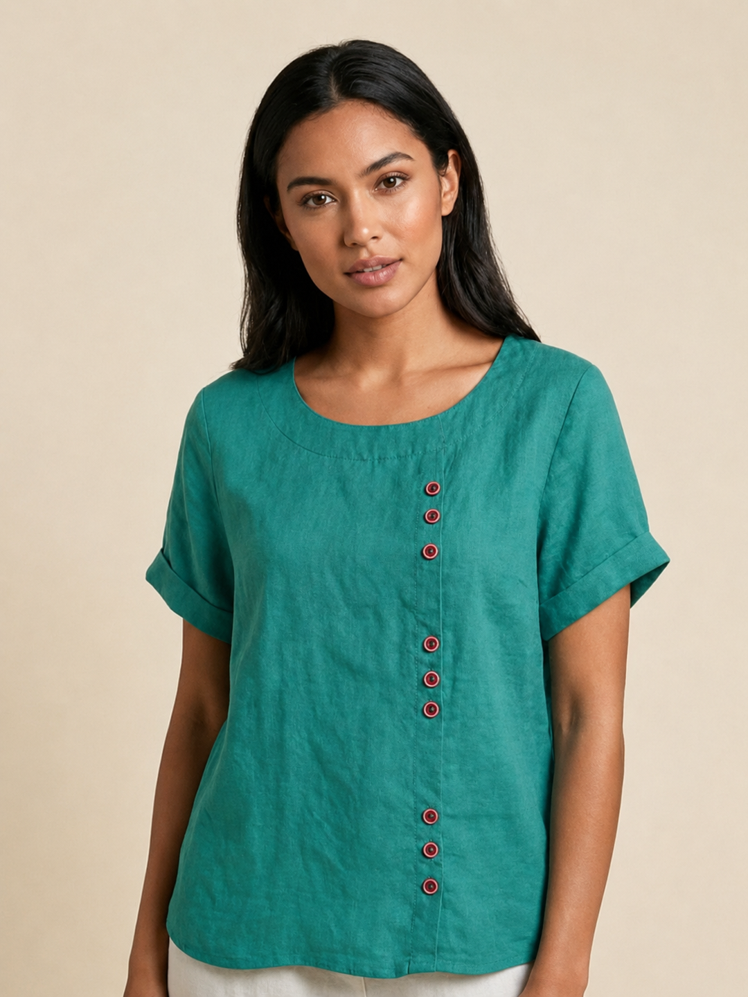 Foreen | Women's Casual Scoop Neck Button Detail Short Sleeve Top