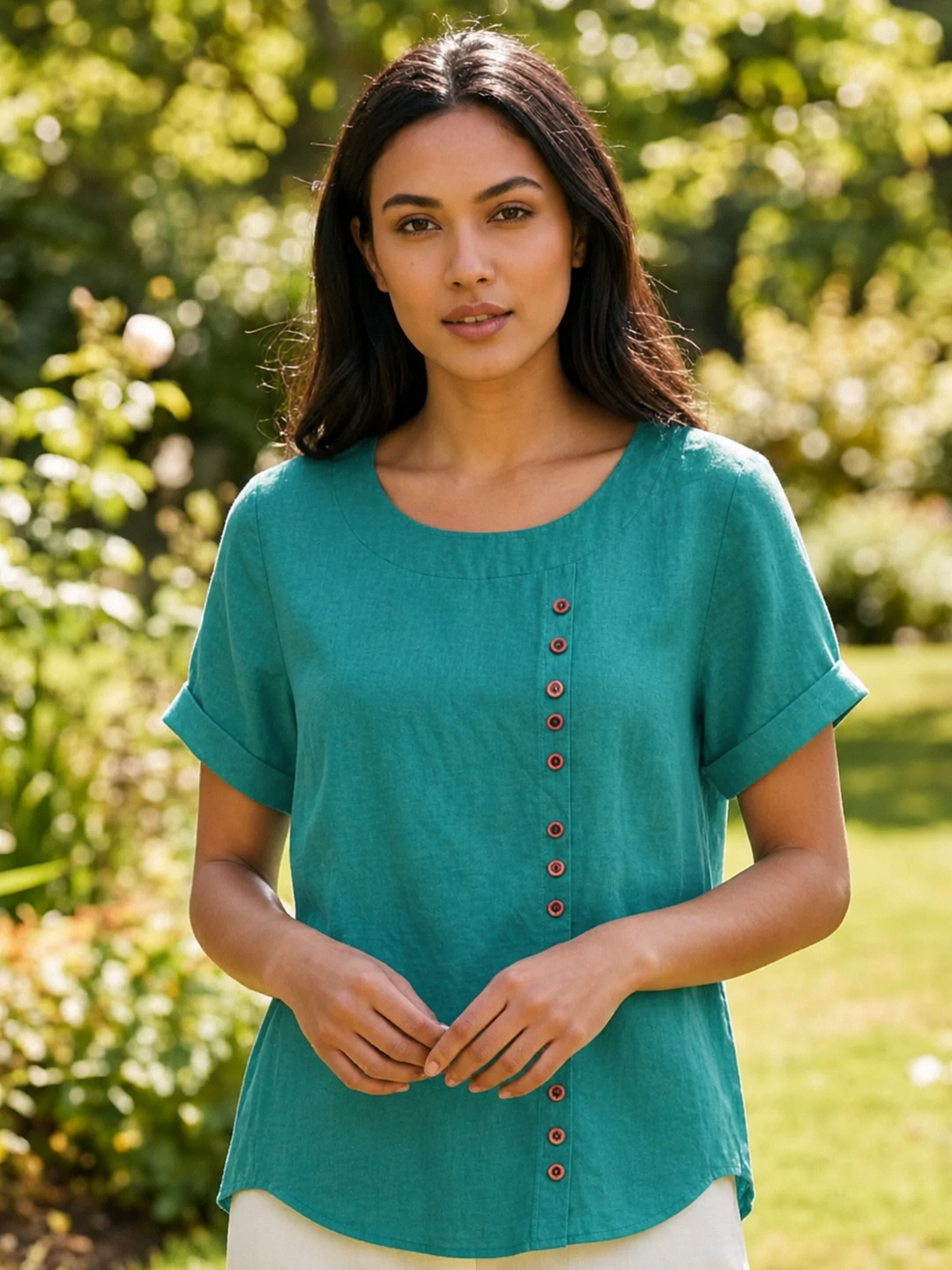 Foreen | Women's Casual Scoop Neck Button Detail Short Sleeve Top