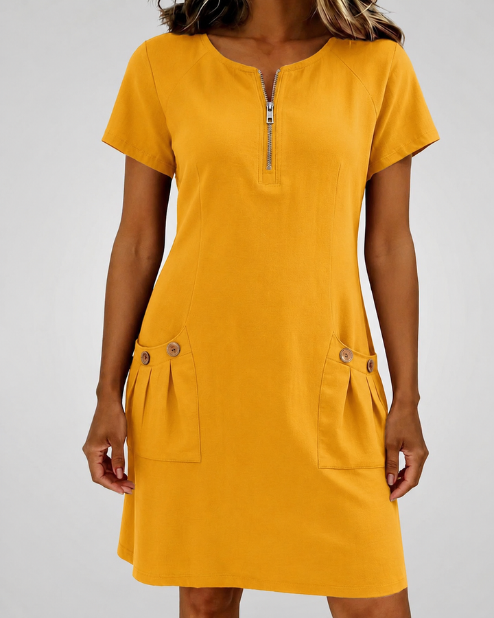 Remi | Women's Shift Dress Short Sleeve Zip Neck with Pockets