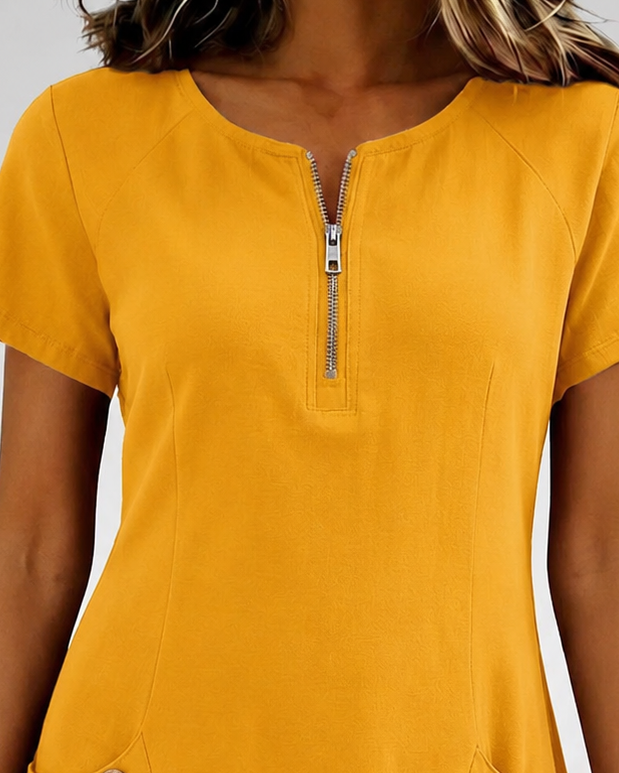 Remi | Women's Shift Dress Short Sleeve Zip Neck with Pockets
