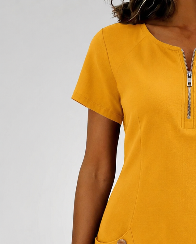 Remi | Women's Shift Dress Short Sleeve Zip Neck with Pockets