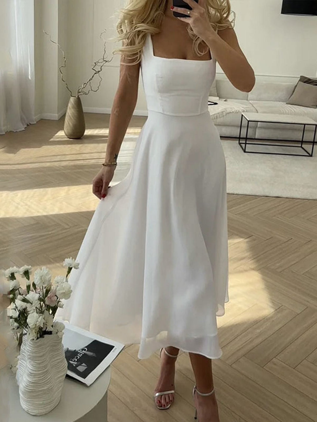 Aria | Women's Square Neck A-Line Midi Dress Summer Wedding