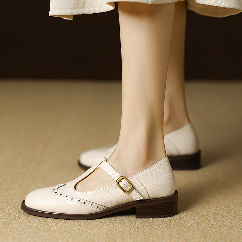 Nadine | Women's Leather T-Strap Mary Jane Shoes Low Block Heel