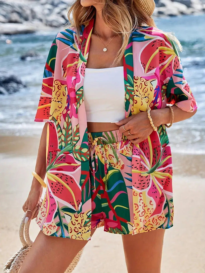 Clea | Women's Floral Kimono Cardigan and Shorts Two Piece Set
