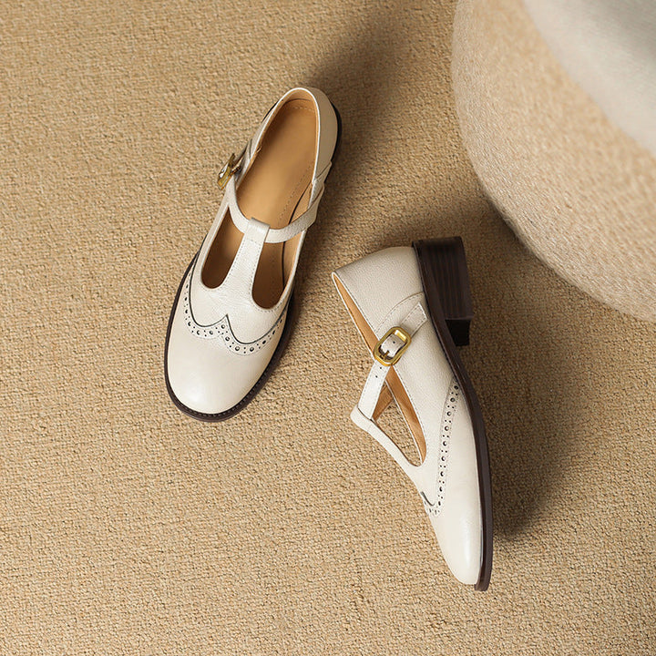 Nadine | Women's Leather T-Strap Mary Jane Shoes Low Block Heel