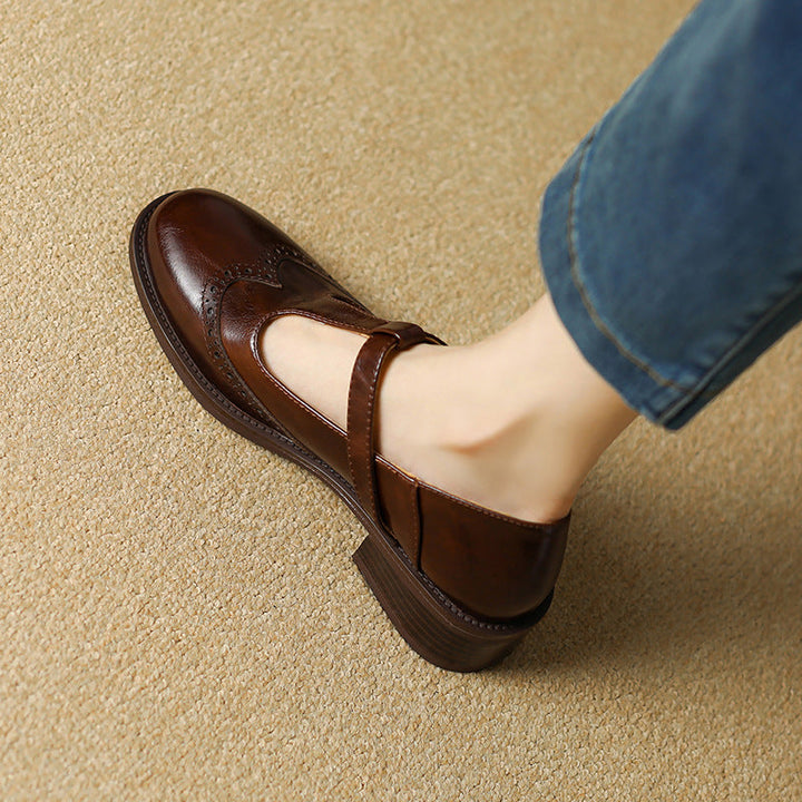 Nadine | Women's Leather T-Strap Mary Jane Shoes Low Block Heel