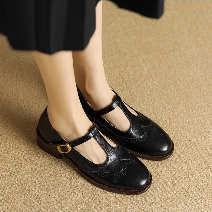 Nadine | Women's Leather T-Strap Mary Jane Shoes Low Block Heel