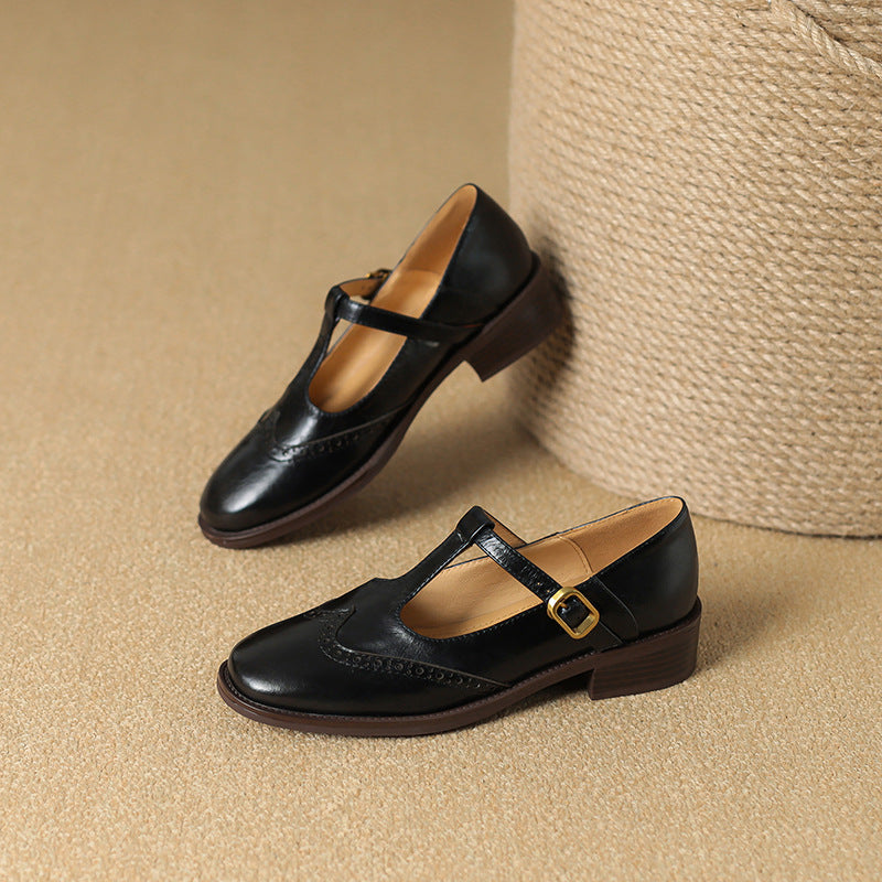 Nadine | Women's Leather T-Strap Mary Jane Shoes Low Block Heel