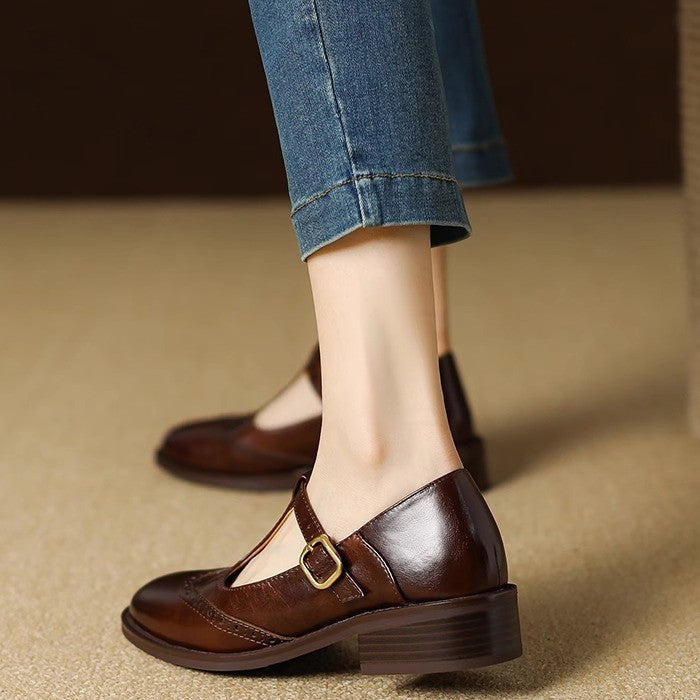 Nadine | Women's Leather T-Strap Mary Jane Shoes Low Block Heel
