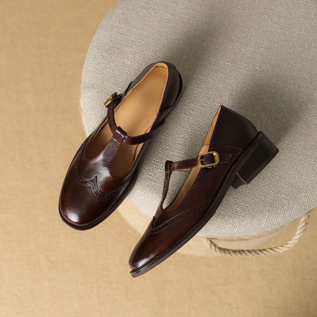 Nadine | Women's Leather T-Strap Mary Jane Shoes Low Block Heel