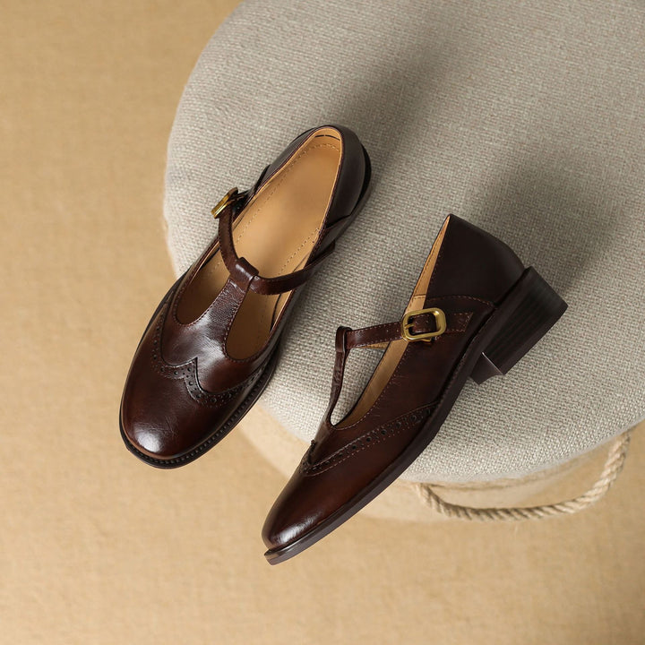 Nadine | Women's Leather T-Strap Mary Jane Shoes Low Block Heel