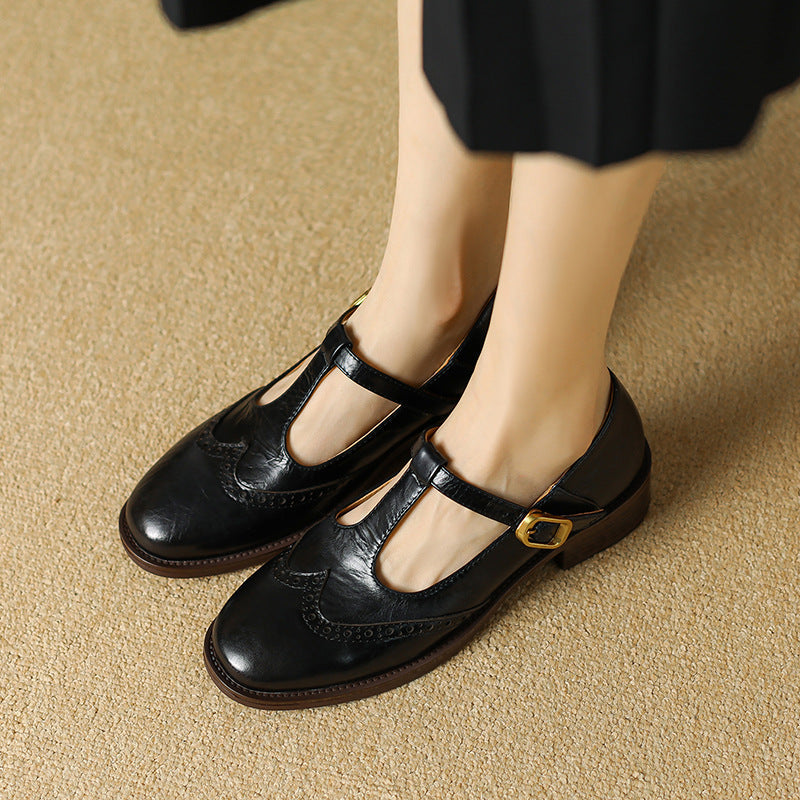 Nadine | Women's Leather T-Strap Mary Jane Shoes Low Block Heel