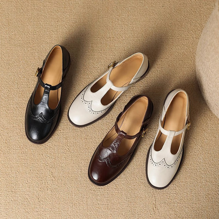 Nadine | Women's Leather T-Strap Mary Jane Shoes Low Block Heel