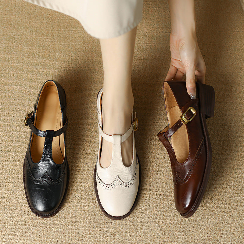 Nadine | Women's Leather T-Strap Mary Jane Shoes Low Block Heel