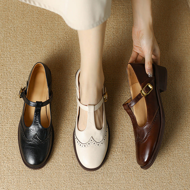 Nadine | Women's Leather T-Strap Mary Jane Shoes Low Block Heel