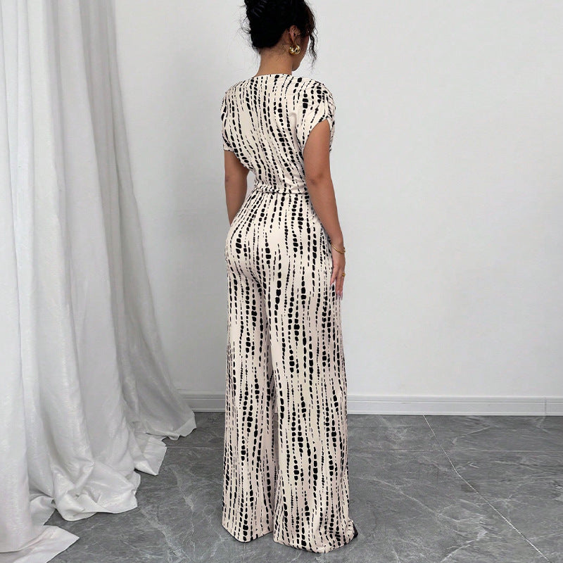 Zara | Women's Printed Wide Leg Jumpsuit One Shoulder Belted