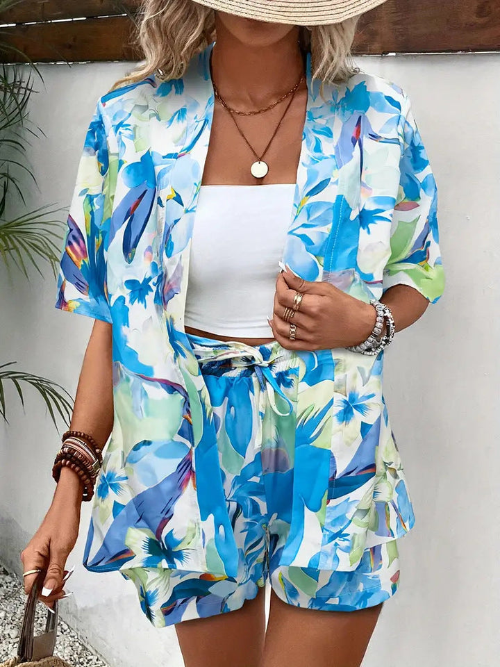 Clea | Women's Floral Kimono Cardigan and Shorts Two Piece Set