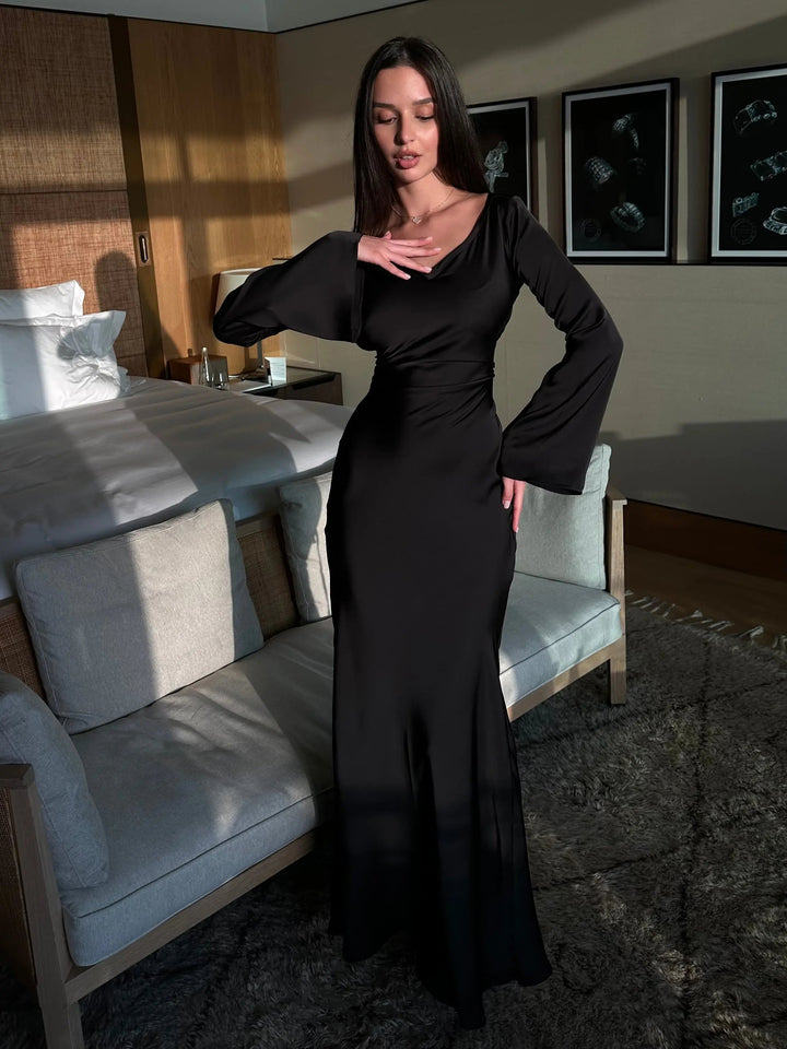 Serena | Women's Satin Long Sleeve Maxi Dress Formal Gown