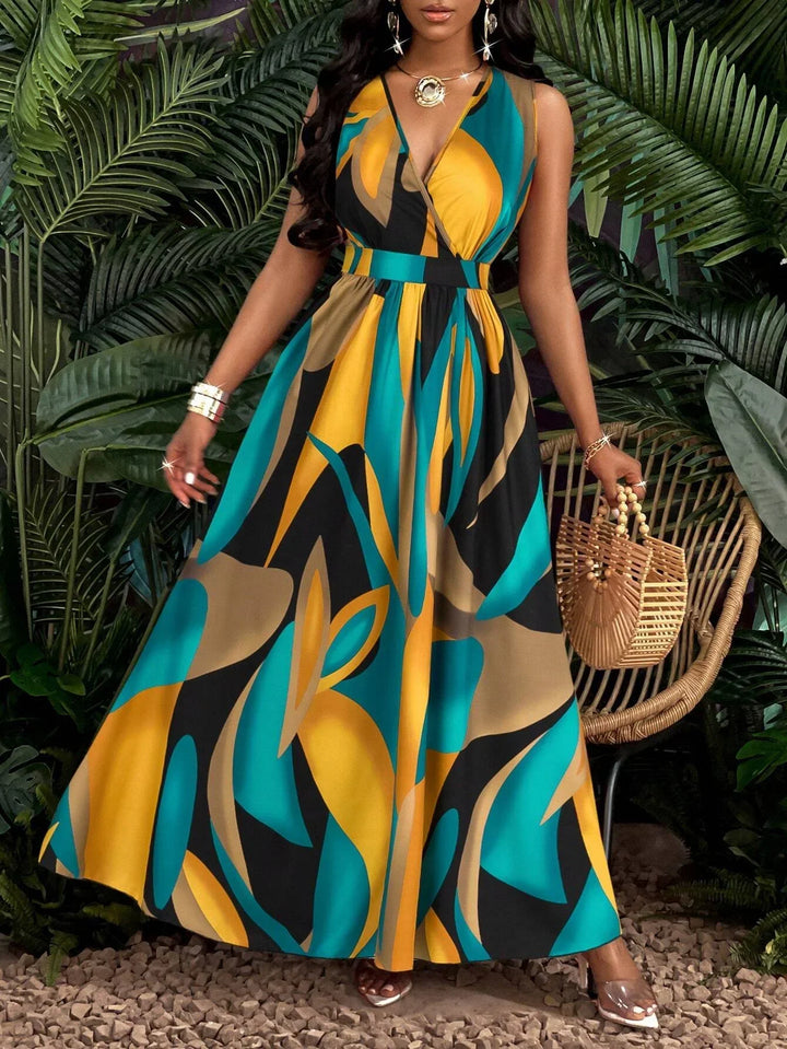 Nova | Women's V-Neck Sleeveless Abstract Print Maxi Dress