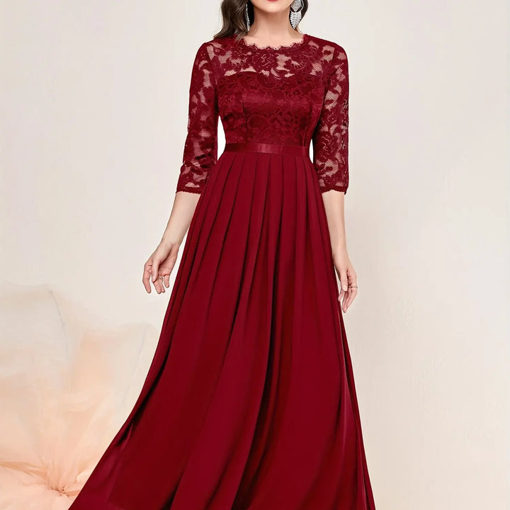 Gail™ | Lace Pleated Quarter Sleeve Formal Evening Dress
