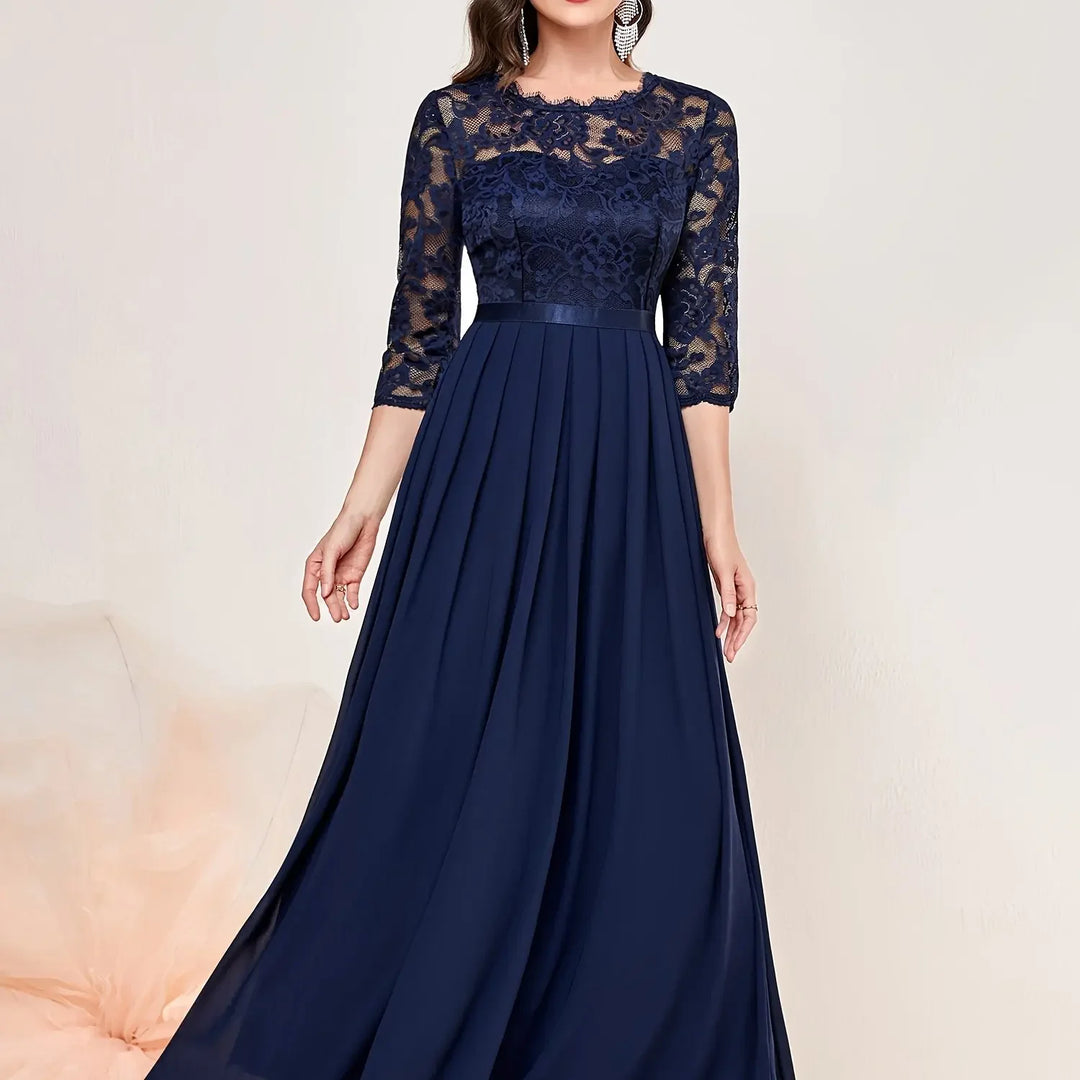 Gail™ | Lace Pleated Quarter Sleeve Formal Evening Dress