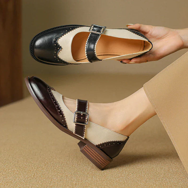 Harlow | Women's Two-Tone Leather Mary Jane Shoes Brogue T-Strap