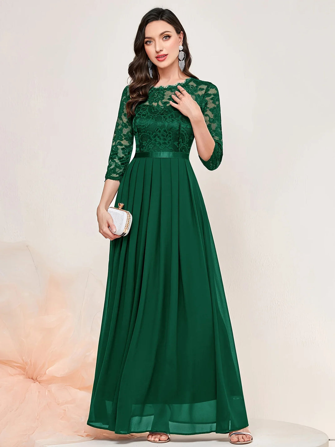 Gail™ | Lace Pleated Quarter Sleeve Formal Evening Dress