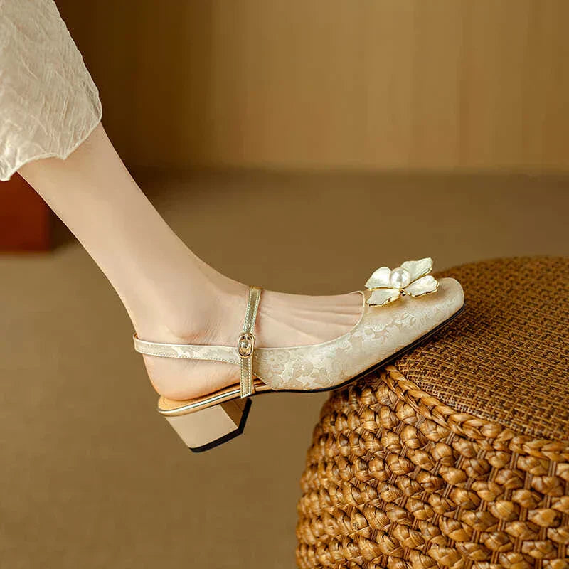 Florine | Women's Floral Slingback Pumps Square Toe Block Heel Shoes