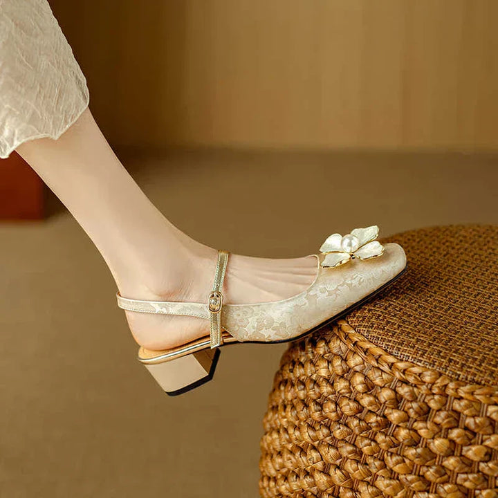Florine | Women's Floral Slingback Pumps Square Toe Block Heel Shoes