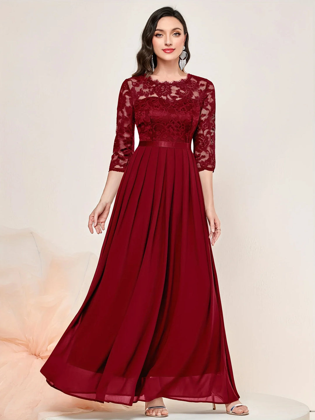 Gail | Lace Pleated Quarter Sleeve Formal Evening Dress, Red / XXL Gail | Lace Pleated Quarter Sleeve Formal Evening Dress, Red / XXL