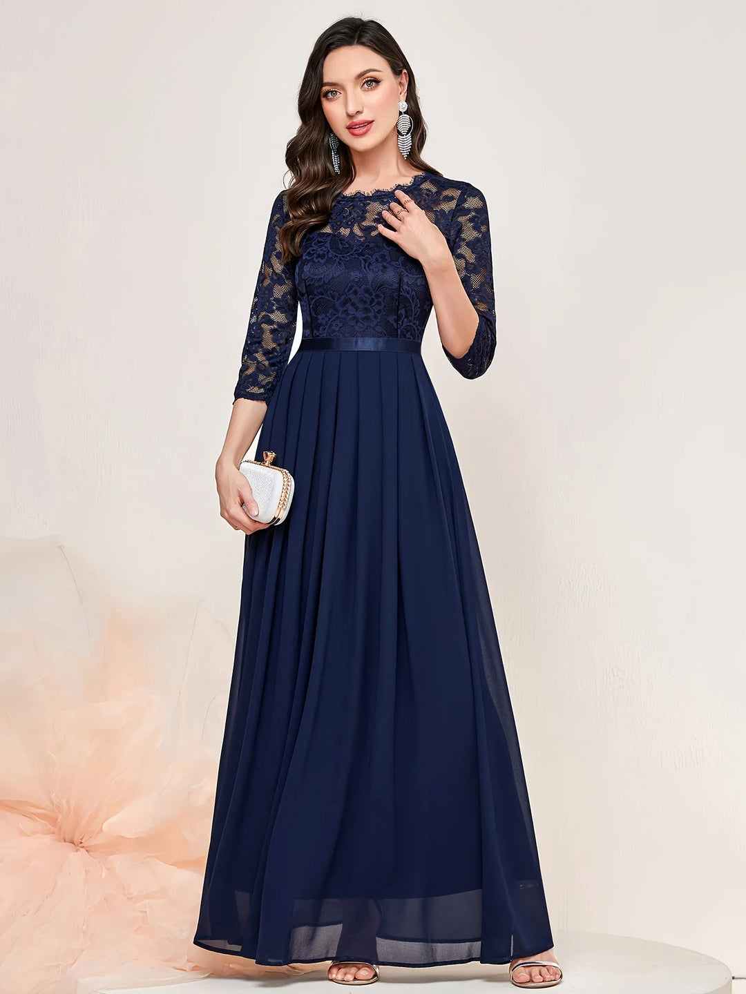 Gail | Lace Pleated Quarter Sleeve Formal Evening Dress, Blue / L Gail | Lace Pleated Quarter Sleeve Formal Evening Dress, Blue / L