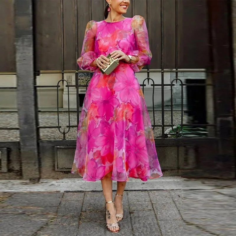 pink floral chiffon midi dress Rosalie