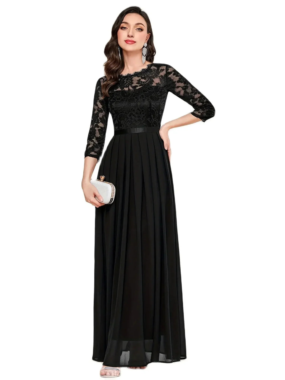 Gail™ | Lace Pleated Quarter Sleeve Formal Evening Dress