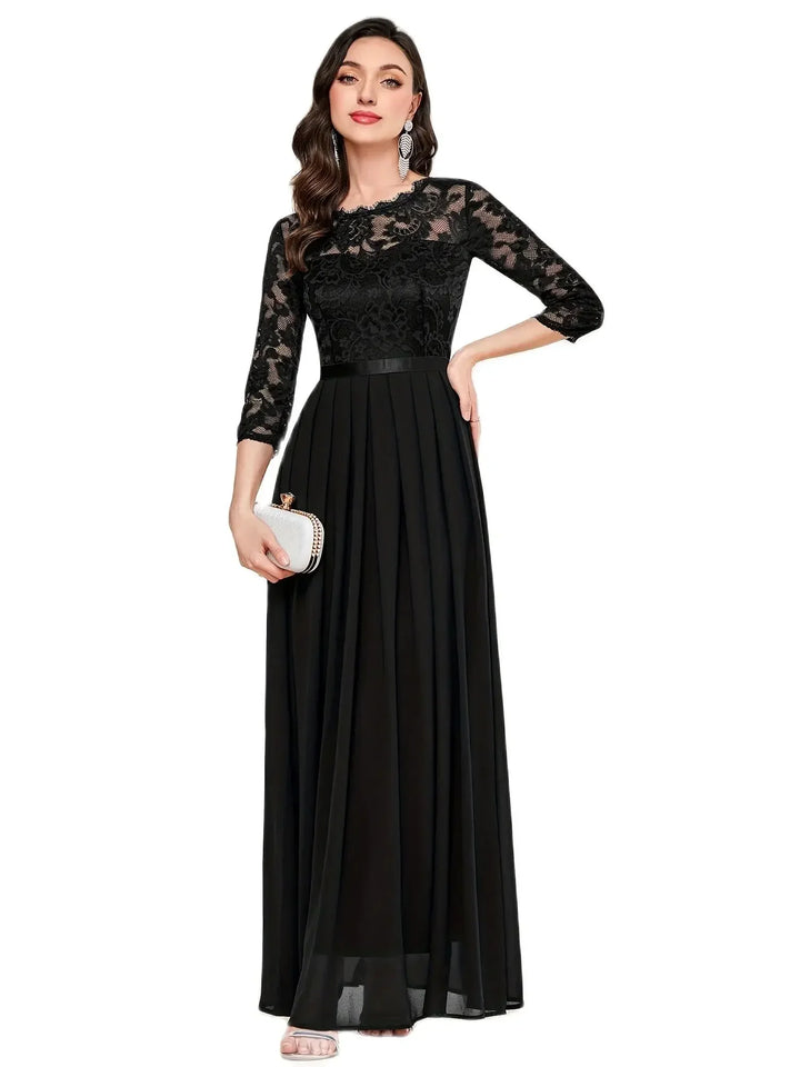Gail™ | Lace Pleated Quarter Sleeve Formal Evening Dress