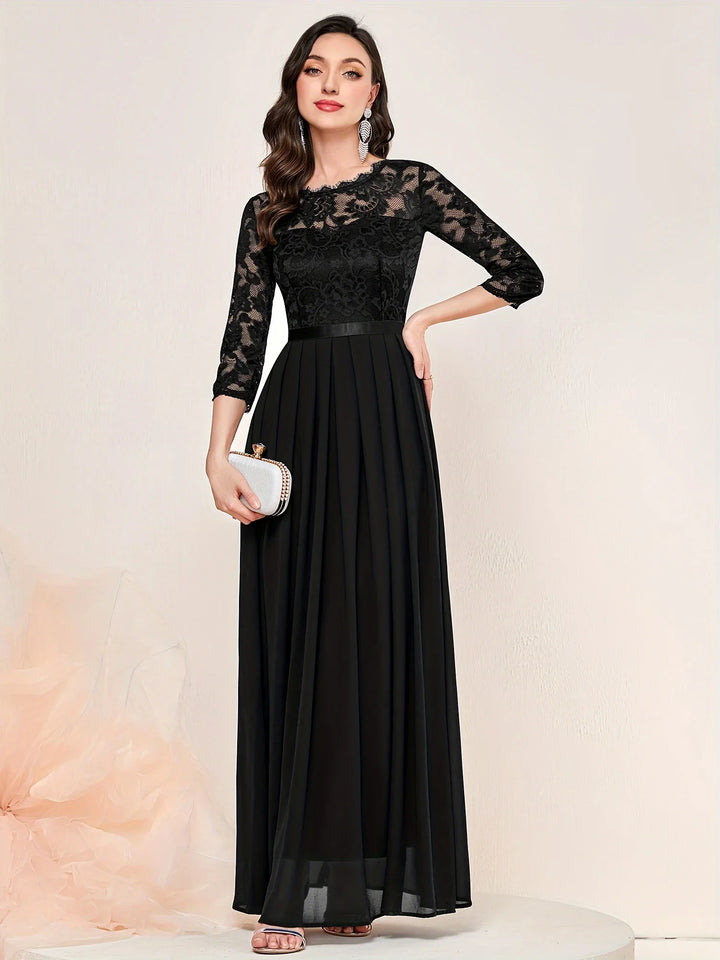 Gail™ | Lace Pleated Quarter Sleeve Formal Evening Dress