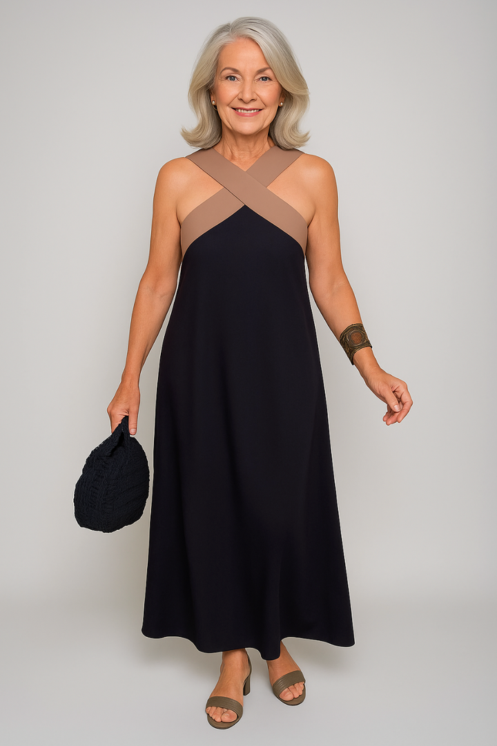 Sue™ | Elegant Cross-Neck Maxi Dress