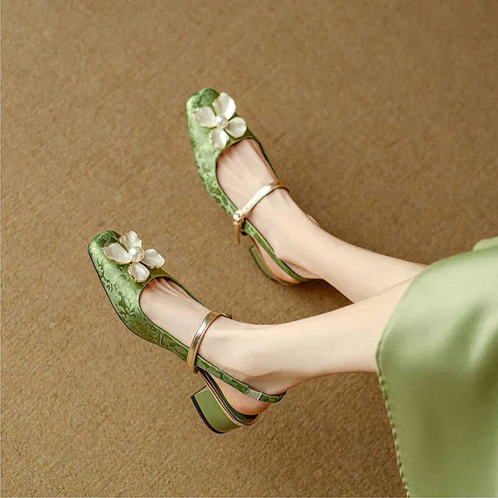 Florine | Women's Floral Slingback Pumps Square Toe Block Heel Shoes