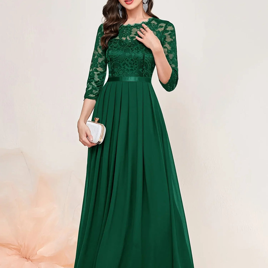Gail™ | Lace Pleated Quarter Sleeve Formal Evening Dress